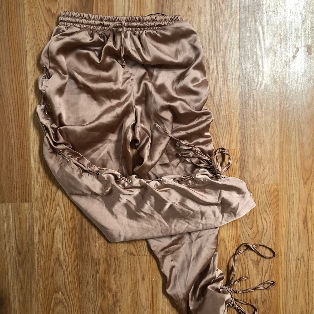 Bronze miss guided lace up satin pants